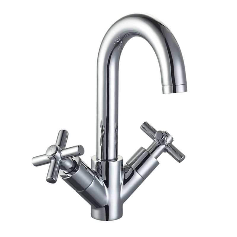 Dual Handle Brass Bathroom Chrome Polished Deck Mounted Basin Faucet Mixer With Rotatable Spout