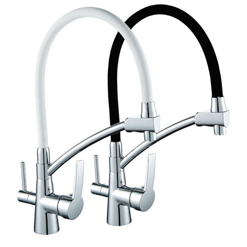 Dual Handles Chrome or Bronze Deck Mounted Flexible Soft Colour Silicone Spout Three Way Drinking Water Kitchen Faucet