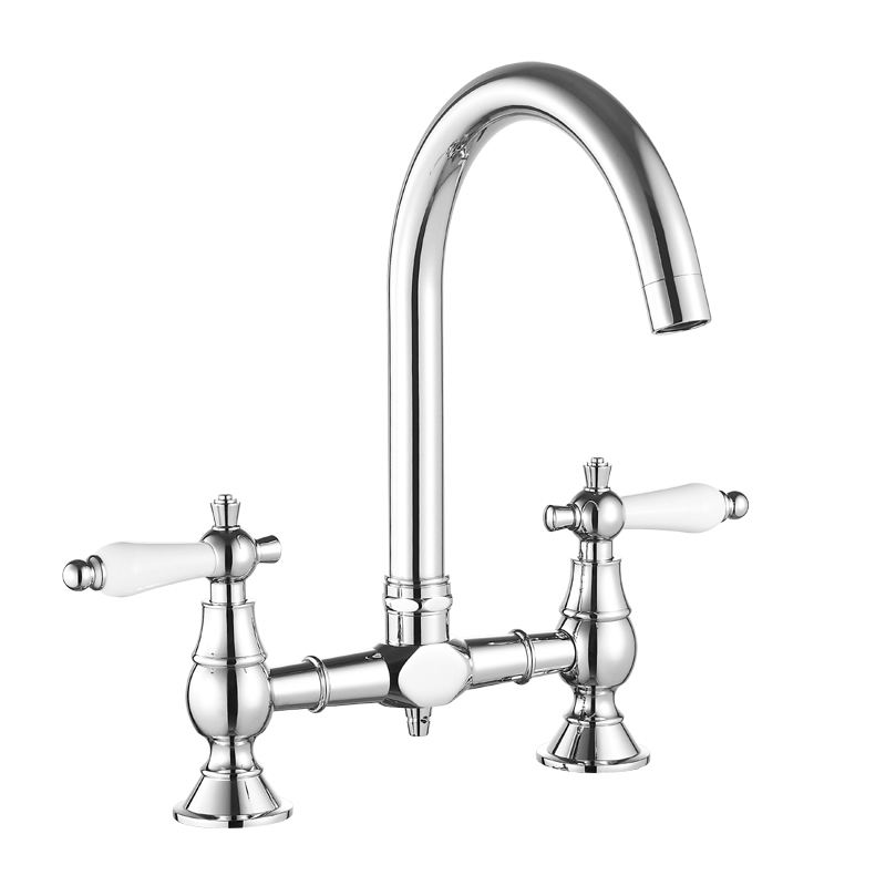 Deck Mounted Brass Chrome Swivel Spout  UK  Style Bridge Kitchen Faucet