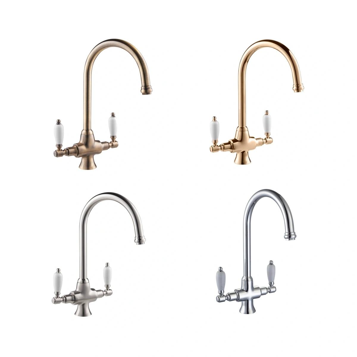 Deck Mounted Chrome Gold Double Handle Brass Sink Mixer Kitchen Faucet